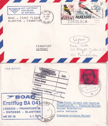 BRD/Malawi - BOAC Erstflug London/Blantyre Etap. FFM/Blantyre 2 Lupo-Briefe 1971