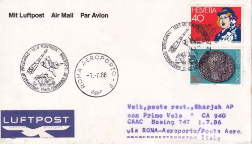 Schweiz - CAAC Erstflug Rom/Sharjah Zuleitungspost Luftpostbrief 1986