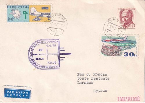 CSSR - CSA Erstflug Berlin-Ost/Larnaca Etappe Prag/Larnaca Luftpostbrief 1976
