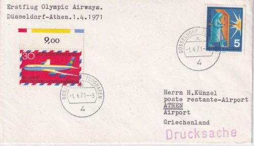 BRD - Olympic Airways Erstflug Düsseldorf/Athen Luftpostdrucksache 1971