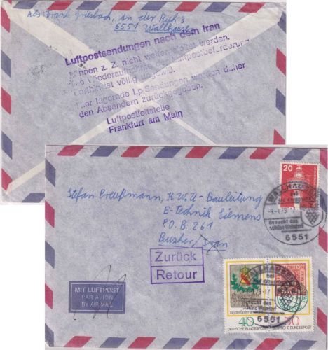 BRD/Postsperre - Wallhausen 9.1.79 Luftpostbrief i.d. IRAN Retour/Hinweisstempel