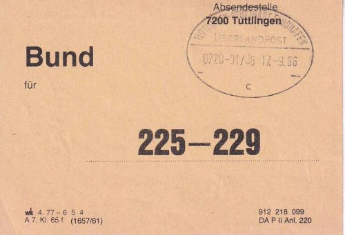 BRD - Tuttlingen/Stuttgart Überlandpost 0720-01/86 Bundzettel f. 225-229 1986