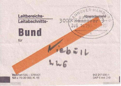 BRD - Hannover/Hamburg Bahnpost Zug 14190 Bundzettel f. 226 1986