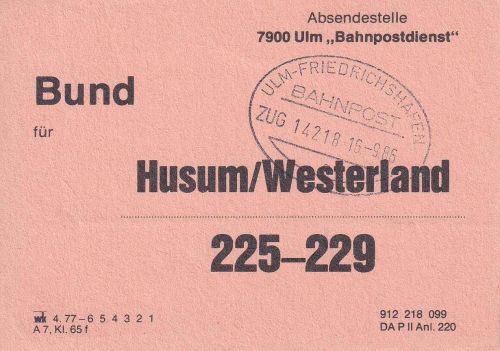 BRD - Ulm/Friedrichshafen Bahnpost Zug 14218 Bundzettel f. 225-229 1986
