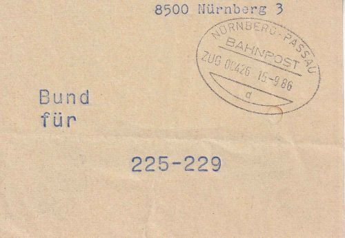 BRD - Nürnberg/Passau Bahnpost Zug 00462 Bundzettel f. 225-229 1986