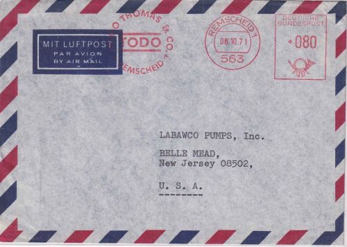 BRD - Remscheid 1971 80 Pfg. AFS "TODO Hugo Thomas & Co." Luftpostbrief n. USA