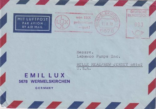 BRD - Wermelskirchen 1972 90 Pfg. AFS "LUX" Luftpostbrief n. USA