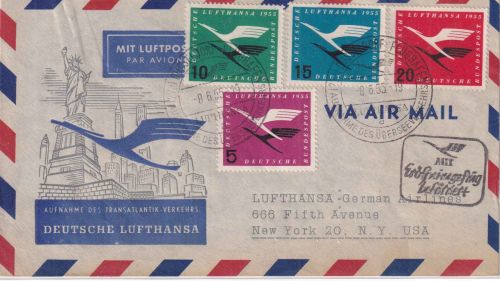 BRD - Lufthansa Erstflug Düsseldorf/New York Satzbrief/Schmuckkuvert 1955