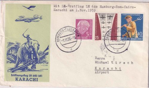 BRD - Lufthansa Erstflug Hamburg/Karachi Schmuckkuvert 1959