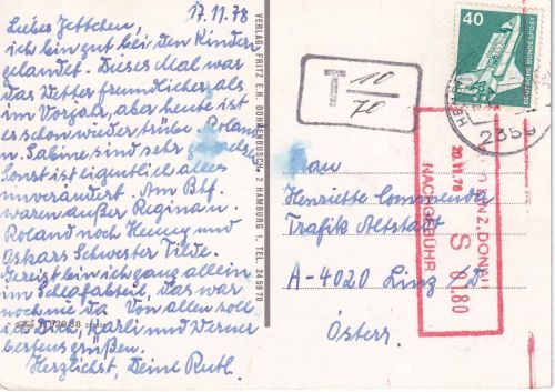 BRD - 40 Pfg. I&T Karte n. ÖSTERREICH Henstedt-Ulzburg 1978 Nachporto!