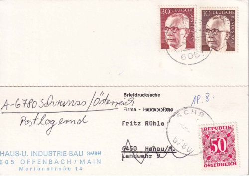 BRD - 30+10 Pfg. Heinemann Drucksachenkarte n. ÖSTERREICH 1977 Nachporto!