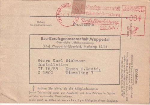 BRD - Wuppertal-Elberfeld 4 Pfg. AFS "Bau-Berufsgenossenschaft" Drucksache 1952