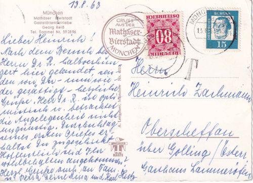 BRD - 15 Pfg. Bed. Deutsche Karte n. ÖSTERREICH München 1963 Nachporto!