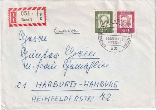 BRD - 2 DM+60 Pfg. Pfg. Bed. Deutsche Einschreibebrief/FDC ESST Bonn 12.4.62