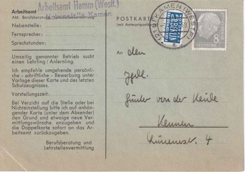BRD - 8 Pfg. Heuss + Notopfer Ortskarte Kamen 1955