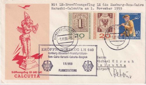 BRD - Lufthansa Erstflug Hamburg/Calcutta Schmuckkuvert 1959