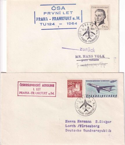 CSSR - CSA Erstflug Prag/Frankfurt 2 Luftpostbriefe 15.12.1964