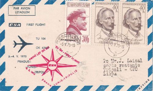 CSSR - CSA Erstflug TU104 Prag/Tripolis Luftpostkarte 1970