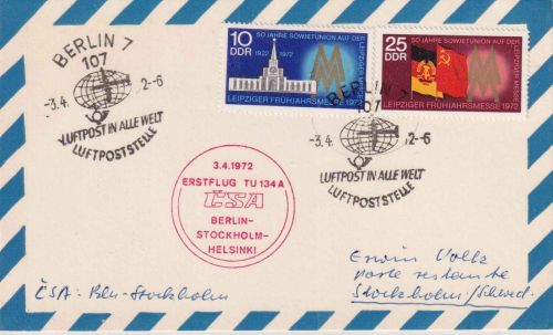 DDR - CSA Erstflug TU134A Berlin-Ost/Stockholm Luftpostkarte 1972