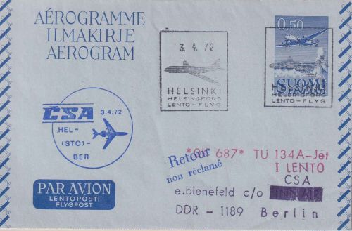 Finnland - CSA Erstflug TU134A Helsinki/Berlin-Ost Aerogramme 1972
