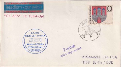 CSSR - CSA Erstflug TU134A Prag/Berlin-Ost Luftpostbrief 1972