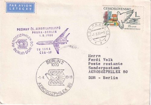CSSR - CSA Sonderflug Aero-Sozphilex TU134A Prag/Berlin-Ost Luftpostbrief 1980