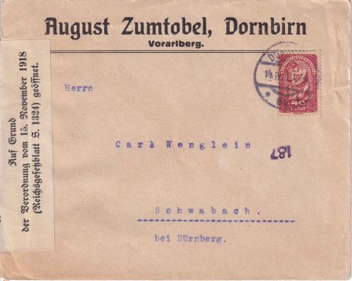 Österreich - 40 H. Allegorie Zensurbrief Dornbirn - Schwabach 14.4.20