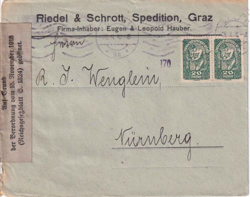 Österreich - 2x20 H. Allegorie Zensurbrief Graz - Nürnberg 28.2.20