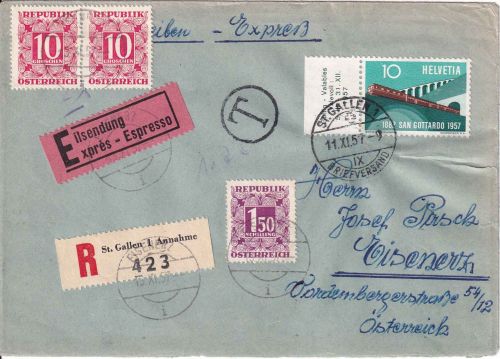 Schweiz/Österreich - St. Gallen 1957 Eil-Einschreibebrief n Eisenerz - Nachporto