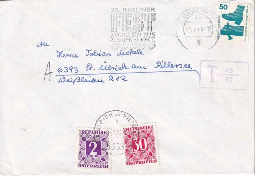 Berlin/Österreich - 50 Pfg. UV Brief n. St. Ulrich 1975 - Nachporto