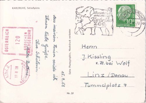 BRD/Österreich - 10 Pfg. Heuss unterfrankierte Karte Karlsruhe - Linz 1958