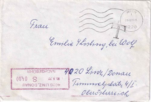Österreich - Wien 1977 unfrankierte Brief n. Linz - 4 S. Nachportostempel