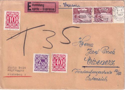 Schweiz/Österreich - St. Gallen 1957 Eilbrief n. Eisenerz - Nachporto