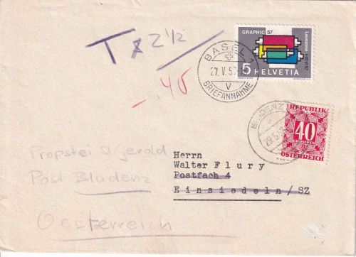 Schweiz/Österreich - 5 C. Graphic '57 Inlandsbrief Basel 1957 Nachsendung