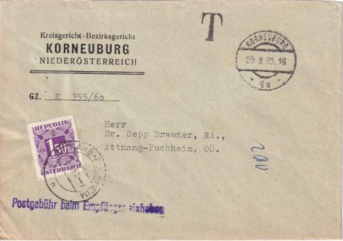 Österreich - Korneuburg 1960 unfrank. Dienstbrief n. Attnang-Puchheim Nachporto