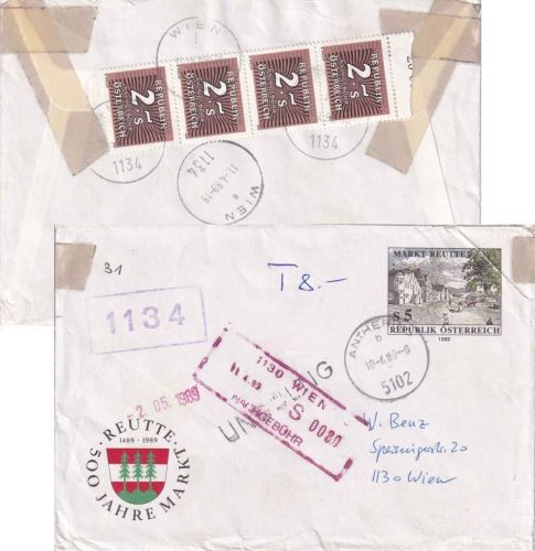 Österreich - Anthering 1989 5 S. GA-Umschlag n. Wien - Nachporto