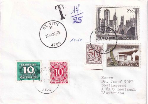 Belgien/Österreich - St. Vith 1992 Brief n. Leutasch/postlagernd Nachporto