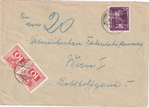 Österreich - 8g Freimarke Brief Mitterndorf - Wien 1947 Nachporto