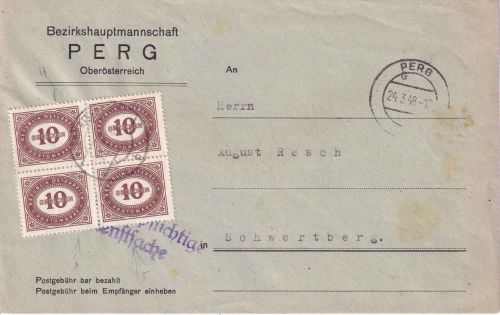 Österreich - Perg 24.3.48 unfrank. Dienstbrief n. Schwertberg - Nachporto