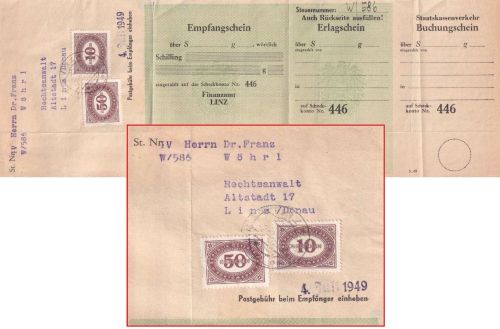 Österreich - Linz 2.7.49 unfrank. Dienstbrief (Finanzamt) - Nachporto