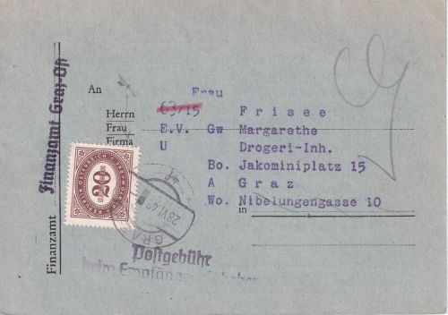 Österreich - Graz 28.6.48 unfrank. Ortsdienstpostkarte (Finanzamt) - Nachgebühr