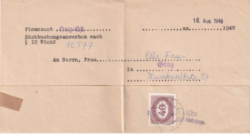 Österreich - Graz 16.8.48 unfrank. Ortsdienstbrief (Finanzamt) - Nachgebühr