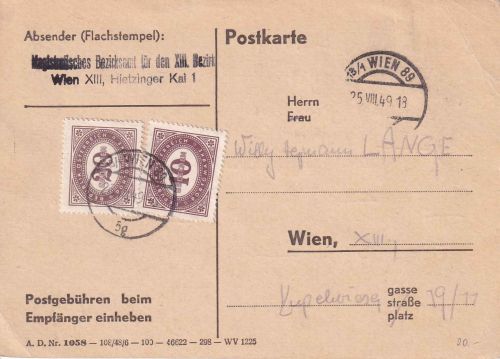 Österreich - Wien 25.8.49 unfrank. Ortsdienstkarte (Bezirksamt) - Nachgebühr