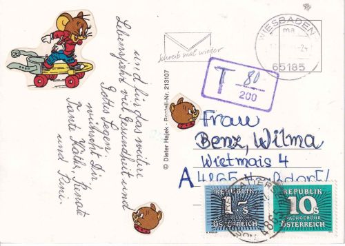 BRD/Österreich - Wiesbaden 1994 unfrankierte Karte n. Nußdorf - Nachporto