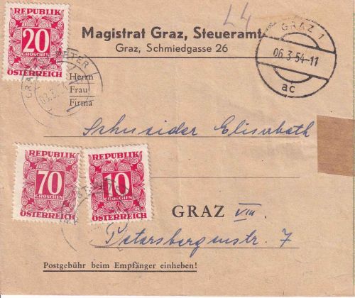 Österreich - Graz 1954 Ortsdienstbrief (Steueramt) - Nachporto