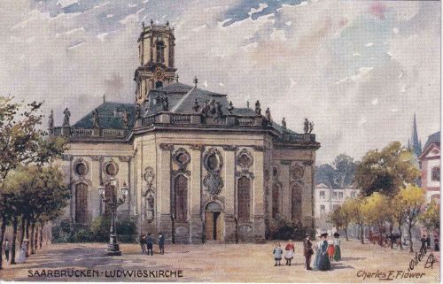 Saarland - Saarbrücken Ludwigskirche farb. Künstler-AK ungelaufen ca. 1910
