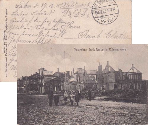 Litauen/Postgebiet Ob.Ost - Poniewiesz/Panevėžys zers. Straßenansicht sw-AK 1915