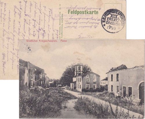 Frankreich - Parux Grand Est zerstörte Straße/Häuser sw-AK/Feldpost (1915)