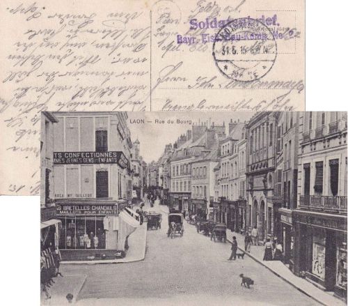 Frankreich - Laon Rue de Bourg Straße/Häuser sw-AK/bayer. Feldpost 1915