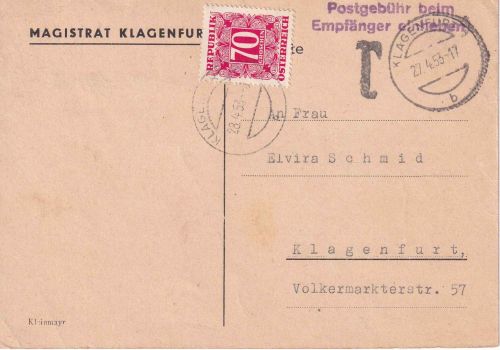 Österreich - Klagenfurt 1953 unfrankierte Dienstortspostkarte Nachgebühr
